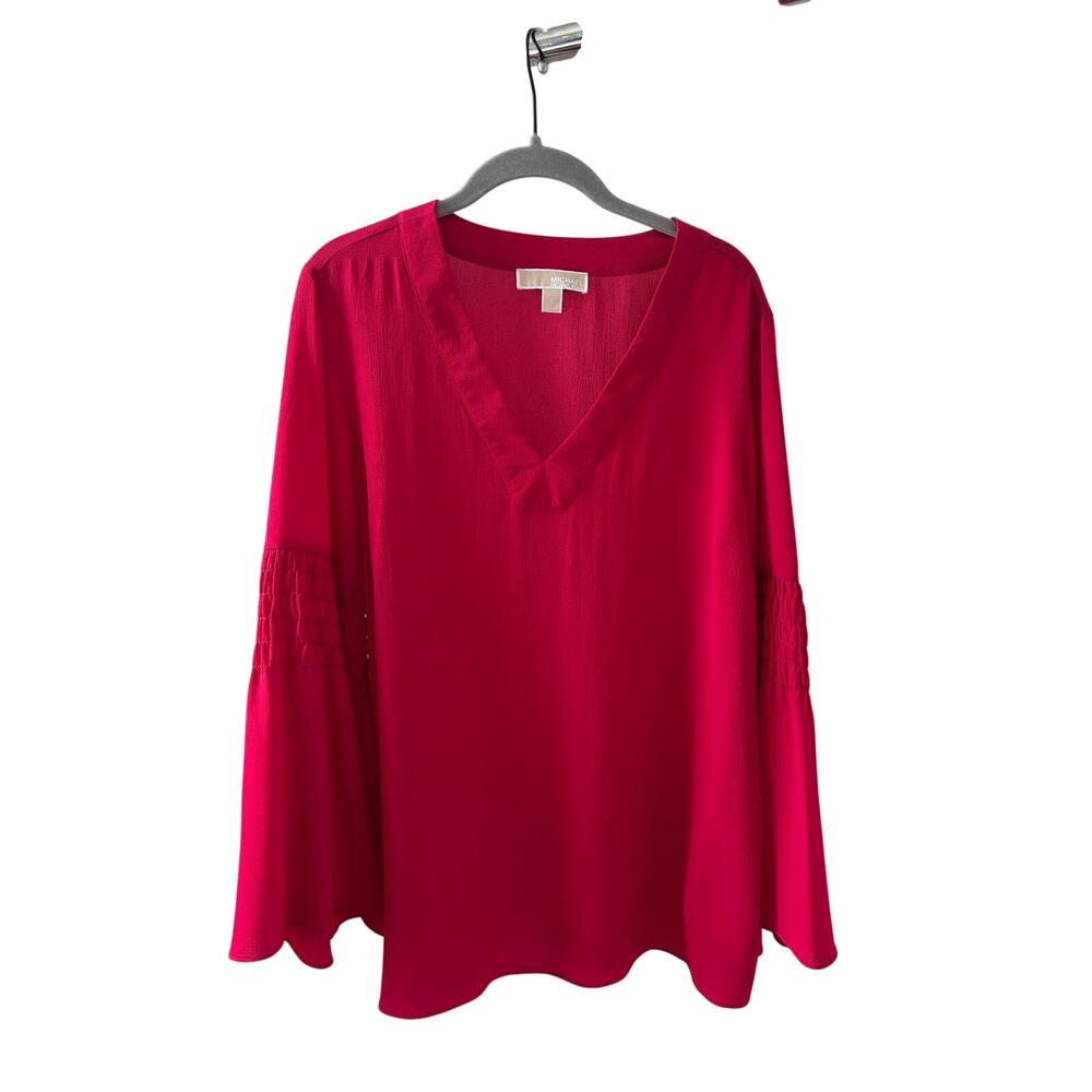 Michael Michael Kors Red V-Neck Blouse Womens Large Long Sleeve Smocked Sleeve - Picture 3 of 10